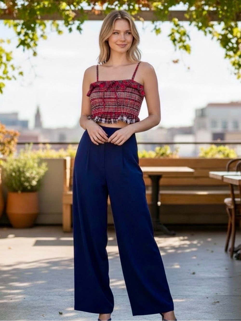 English Factory NWT size Small Red Plaid Smocked Ruffle crop top Cami